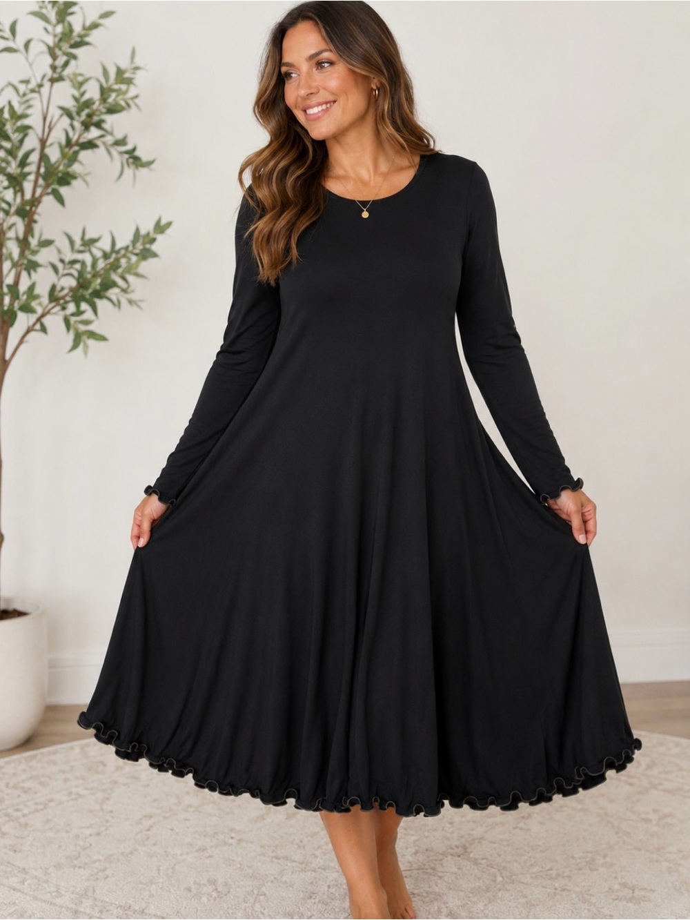 Marina Rinaldi Black Jersey Midi Dress Plus Sz XL Ruffle Hem Italy